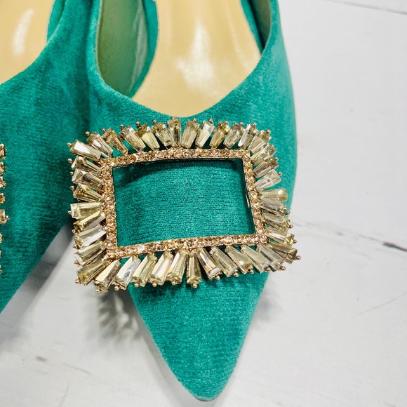 NEW C Paravano Hunter Green Block Heel Pointed Toe Flats with Embellished Buckle - Picture 5 of 12